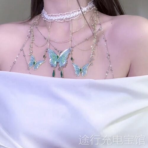 「蓝蝶之恋」蓝色蝴蝶项链女款2026爆款双层叠戴锁骨链胸链配饰wx