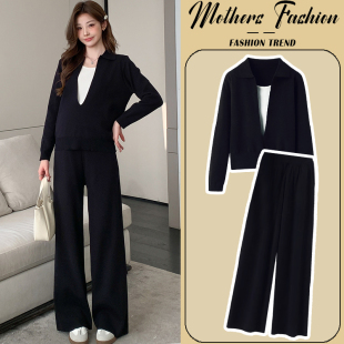 孕妇黑色套装 休闲显瘦翻领针织毛衣高级感上衣两件套 秋冬2025新款