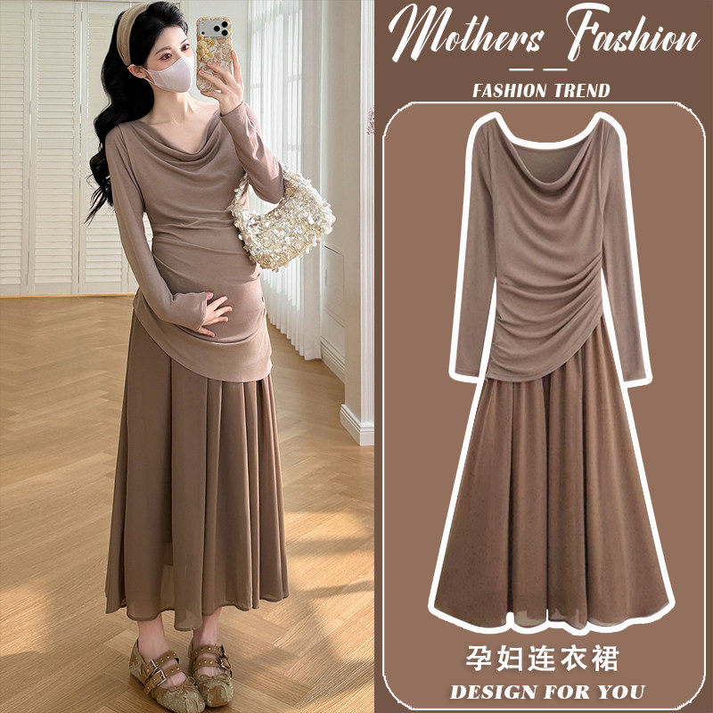 孕妇连衣裙春秋季2026新款时尚咖色高级感气质长袖拼接网纱中长款,孕妇装/孕产妇用品/营养,连衣裙,淘宝优惠券,粉丝福利购,淘宝优惠卷