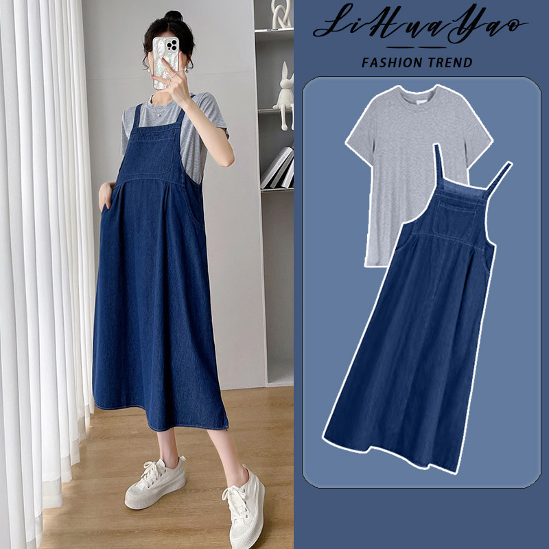 孕妇连衣裙夏潮妈薄款蓝色牛仔背带吊带裙女两件套宽松套装长裙女