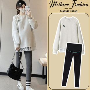 百搭中长款 韩版 卫衣遮肚上衣两件套女 春秋2025新款 孕妇白灰色套装