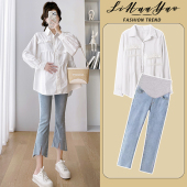 洋气时髦外出产检上衣衬衣牛仔裤 时尚 两件套春秋 2026新款 孕妇套装