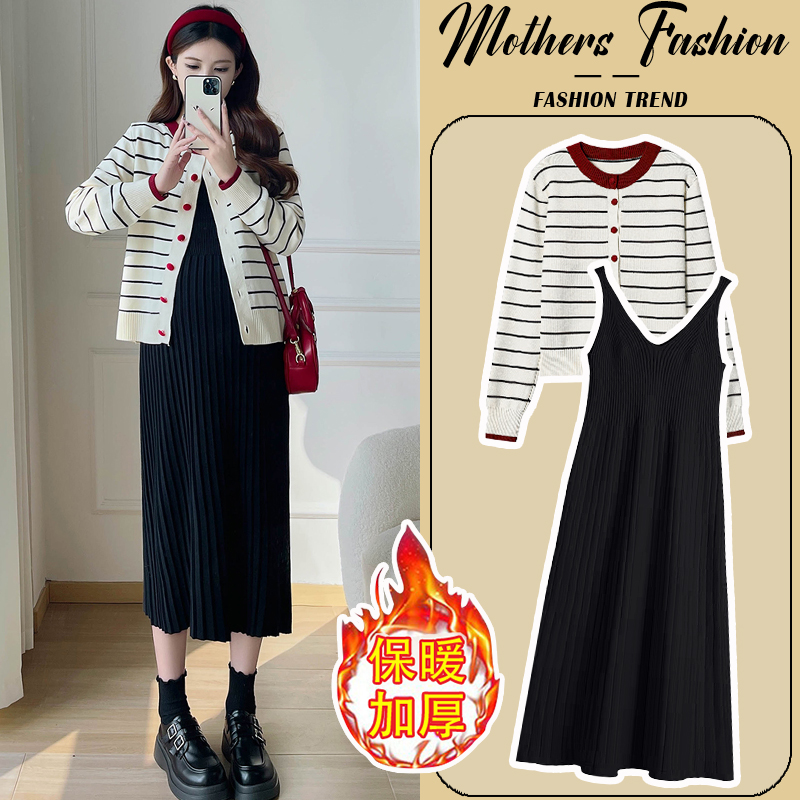 孕妇连衣裙杏色套装秋冬2025新款