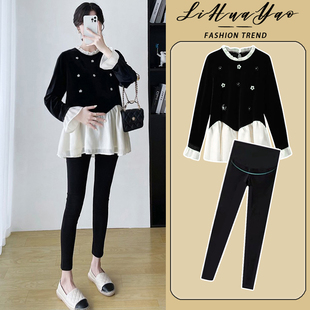 外出春秋女 潮妈黑色上衣卫衣2025洋气两件套新款 孕妇套装 时髦时尚