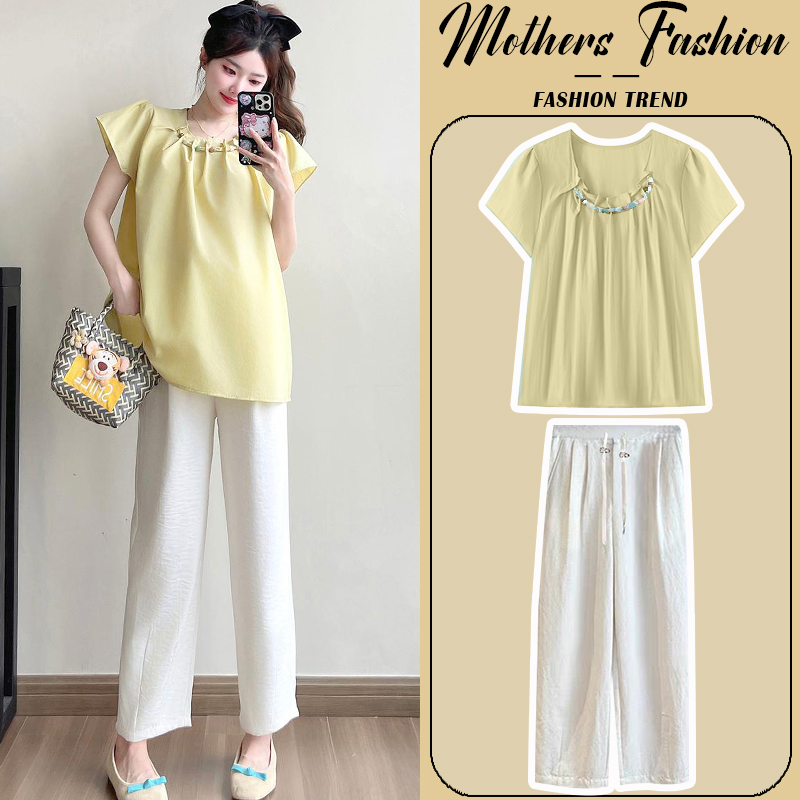 孕妇套装夏季2025新款淡黄色时尚减龄飞飞袖娃娃衫上衣裤子两件套