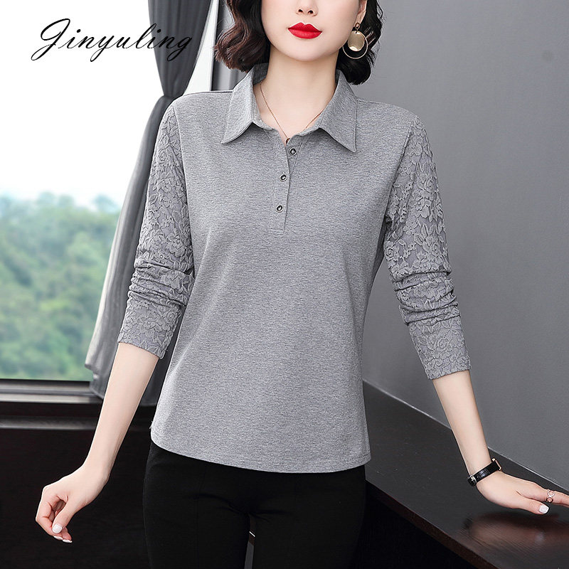 妈妈翻领长袖打底衫纯棉2021新款秋装全棉t恤女40岁女洋气polo衫