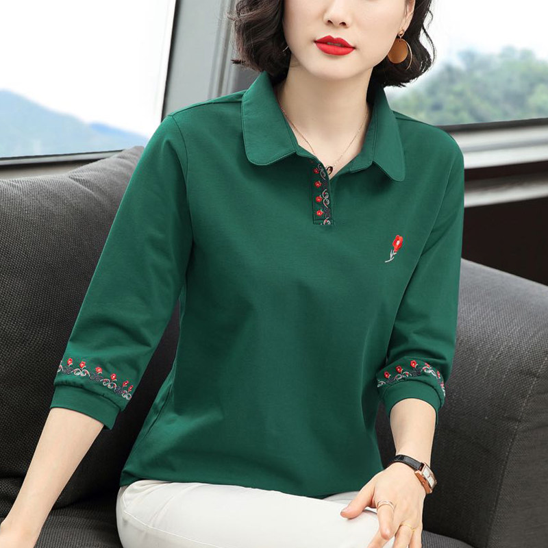 中袖T恤女宽松翻领纯棉春夏2020新款韩版有领名族风七分袖polo衫