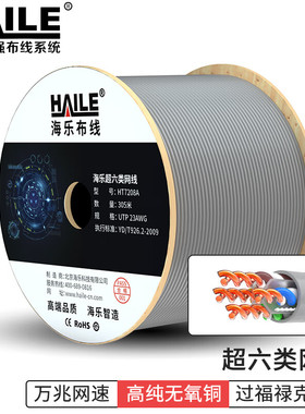海乐超六类网线 HT7208A 无氧铜 万兆 非屏蔽 数据中心 灰色305米