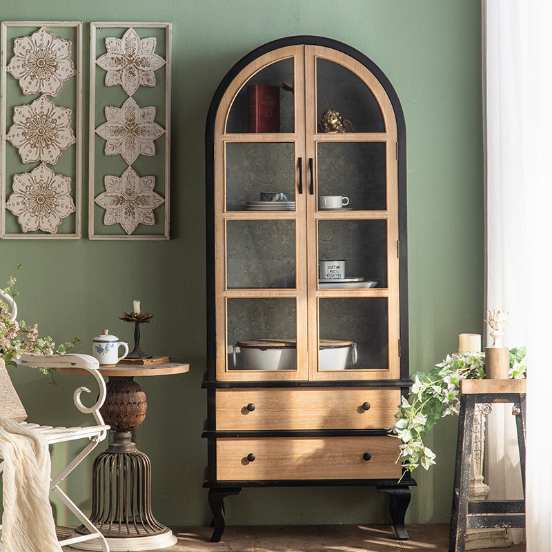 美式复古做旧实木书柜玻璃门置物柜法式拱形柜子书架收纳柜展示柜