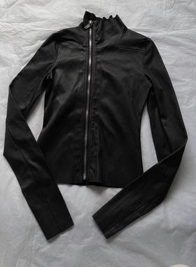JCSTONE 暗黑RO风格纸片人高领斜拉链PU皮质修身皮衣夹克外套女