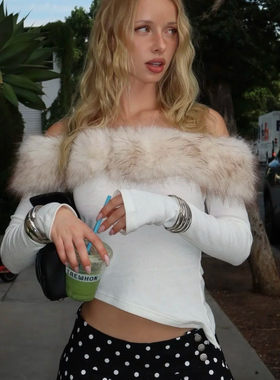 IAMGIA可拆卸毛领拼接环保皮草上衣 辣妹一字肩修身针织打底衫女