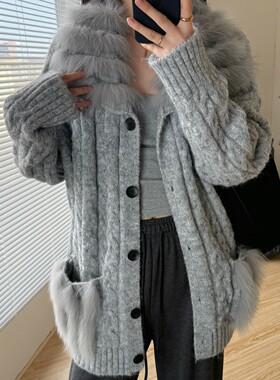 真毛漫时光5秋冬韩系宽松中长拼狐狸毛口针织开衫毛衣外套女