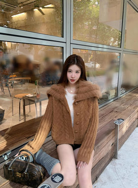 韩女千金 羊毛狐狸毛大翻领毛衣针织海军领算款外套2025新款