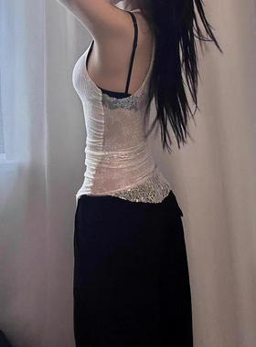 JCSTONE 微透树皮皱拼接满背蕾丝性感修身显瘦背心女工字内搭上衣