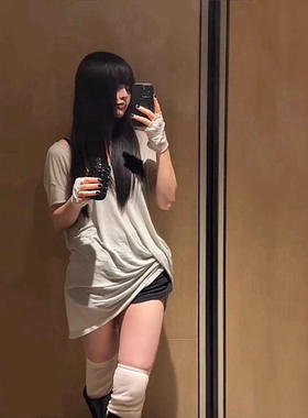 JCSTONE 暗黑RO风格不对称垂坠扭结收腰显瘦T恤做旧裁剪U领短袖女