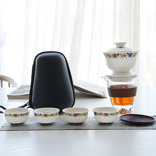 紫砂旅行茶具陶瓷一壶四杯玲珑旋转自动泡茶盖碗户外便捷包快客杯