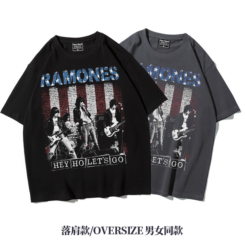 雷蒙斯ramones阿美咔叽美式重磅摇滚五分袖落肩款oversizeT恤男夏