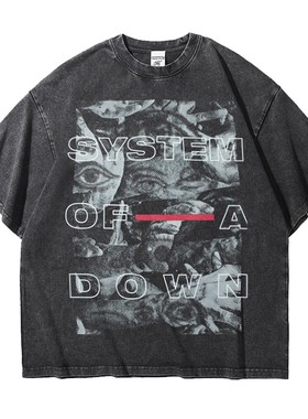 System of a Down体制崩溃摇滚乐队重磅T恤落肩宽松复古做旧水洗