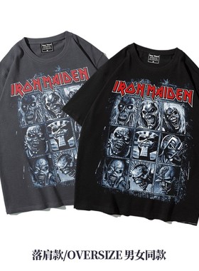 Iron Maiden铁娘子周边阿美咔叽美式oversize重磅五分袖落肩T恤男