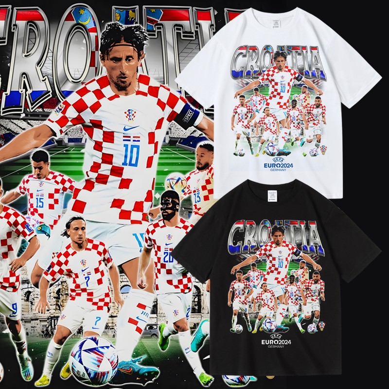 欧洲杯足球运动克罗地亚莫德里奇周边印花纯棉短半袖T恤男女夏季