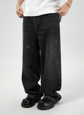 ESAT 直筒复古水洗脚口破坏黑蓝牛仔裤长裤