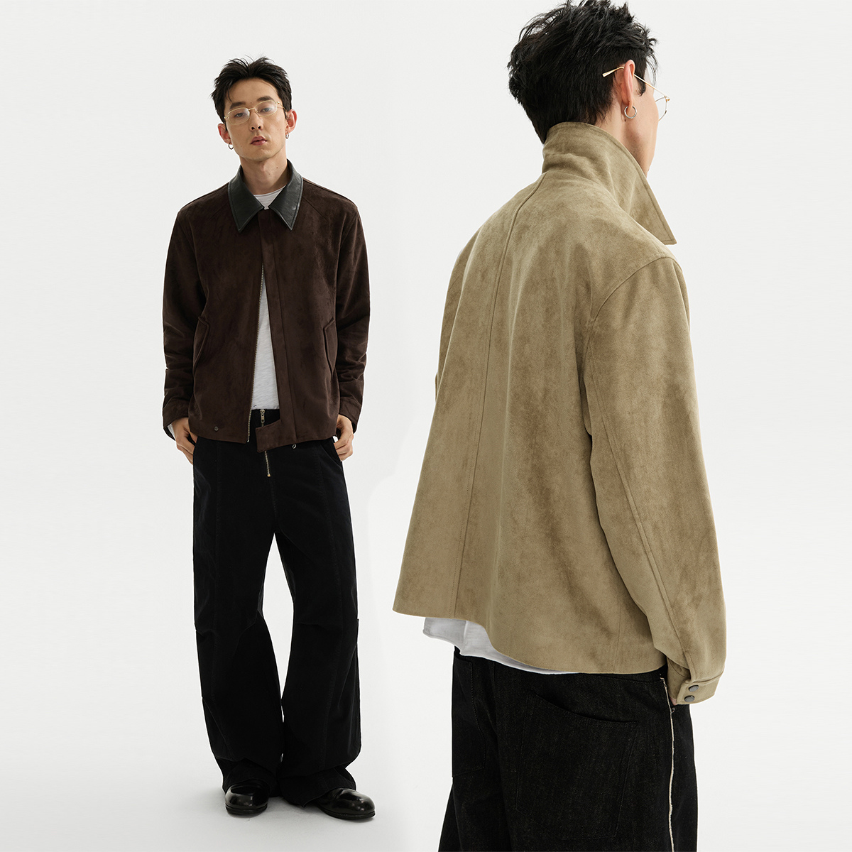 ESAT 双色短款麂皮拼皮翻领暗门襟夹克