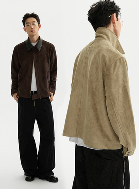 ESAT 双色短款麂皮拼皮翻领暗门襟夹克