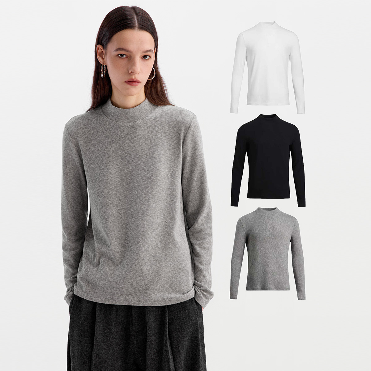 ESAT 三色半高领雪花纹理抓绒长袖打底衫