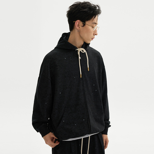 ESAT 大廓形落肩泼墨抽绳连帽休闲开衫卫衣