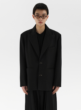 ESAT 戗驳领拼提花垫肩单排扣条纹西装外套