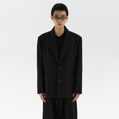 ESAT 戗驳领拼提花垫肩单排扣条纹西装外套