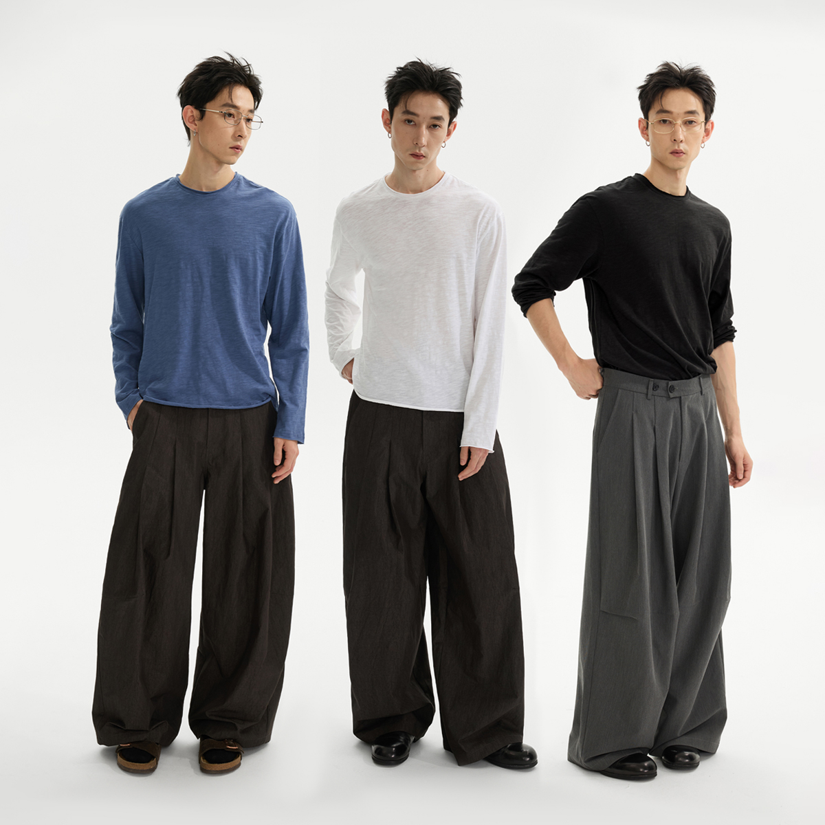 ESAT 三色卷边牙签褶竹节纹休闲长袖打底衫