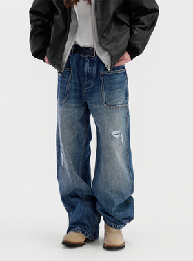 ESAT 廓形水洗假破洞贴袋直筒牛仔长裤