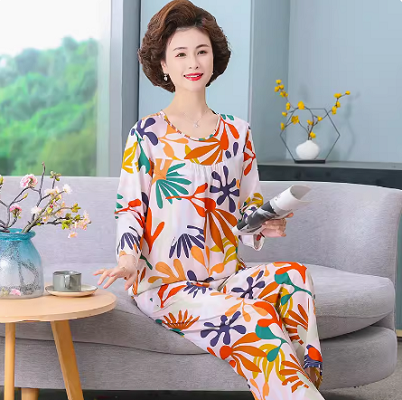 4050岁妈妈薄款长袖睡衣纯棉绸中年妇女透气吸汗夏装阿姨套头T恤