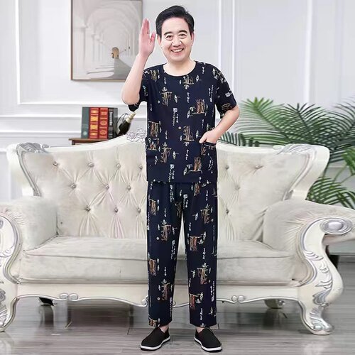 老人薄款短袖夏装开衫对襟睡衣男