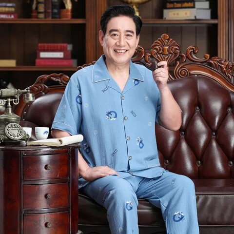 夏季爸爸装纯棉睡衣开衫翻领短袖
