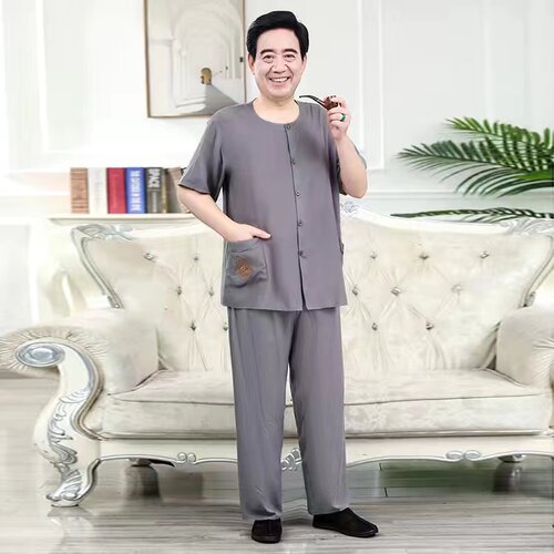 夏季爷爷唐装衣服爸爸T恤短袖纯棉绸开衫老年人薄款男装加肥大码