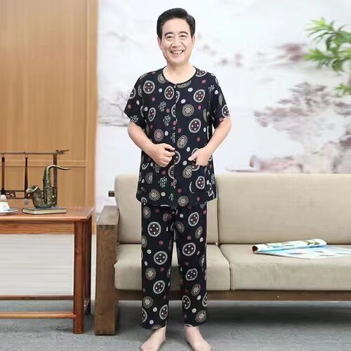 夏季爷爷睡衣家居服老年人短袖套装纯棉绸爸爸开衫男装休闲加大码