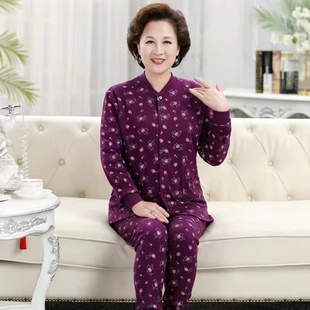 保暖中老年纯棉长袖 秋冬季 薄款 秋衣秋裤 睡衣女婆婆家居服 妈妈开衫