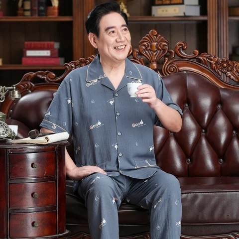 爸爸装居家睡衣男夏季开衫短袖棉