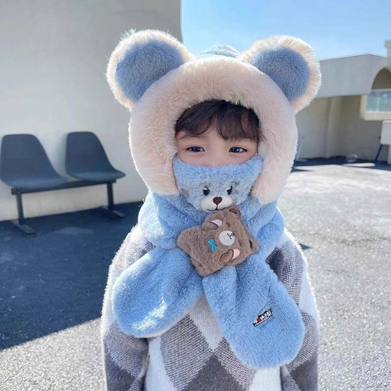 儿童秋冬季帽子围巾口罩一体雷锋帽加绒厚护耳帽男女童保暖防风帽