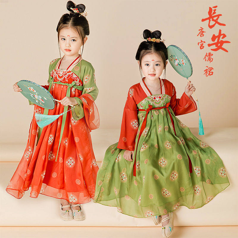 唐宫夜宴女童汉服中国风复古儒裙超仙连衣裙超薄夏季敦煌风演出服