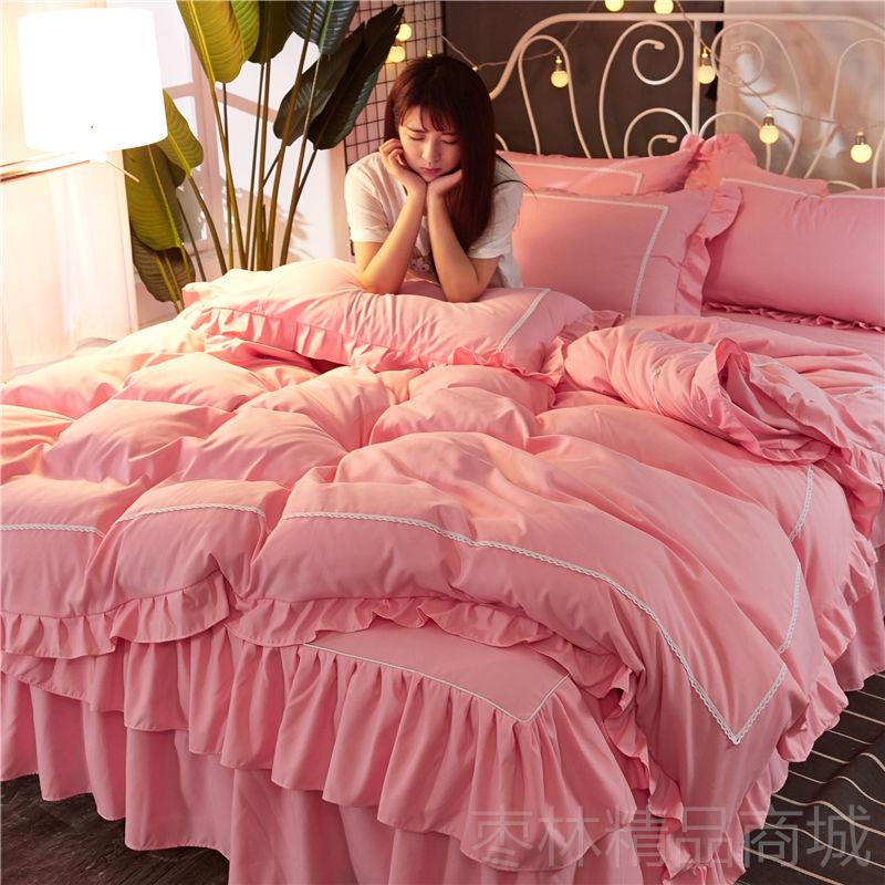 正品in公主风床裙花边纯棉套床单全棉被s四件套纯色少女心床上三