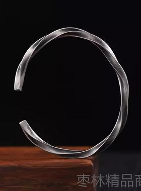 正品99纯银足莫比乌9斯环手镯男士款素圈复古风生日礼物男生国银