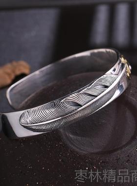 正品手S925银复古工高桥吾郎风格羽毛分牌手镯男士银开口手镯子潮