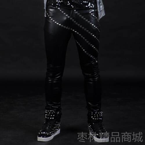 正品紧身夜酒吧男歌手演出服铆修身皮钉古裤男士店着皮裤哈雷机车