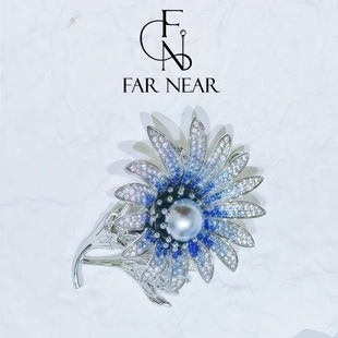 海水珍珠胸针FAR NEAR向日葵渐变蓝真多麻珍珠设计高级感轻奢小众
