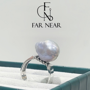 大巴洛克开口戒指天然淡水极光珍珠FAR NEAR可调节S925银轻奢小众