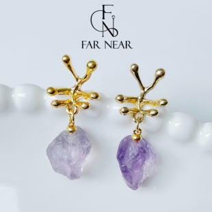 生命树紫水晶耳饰FAR NEAR紫晶原石小众轻奢s925银不规则耳环法式