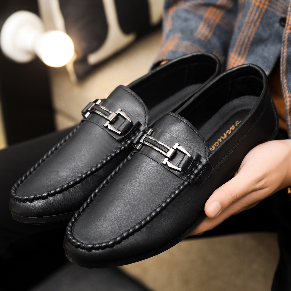 潮流休闲一脚蹬皮面秋季黑色低帮